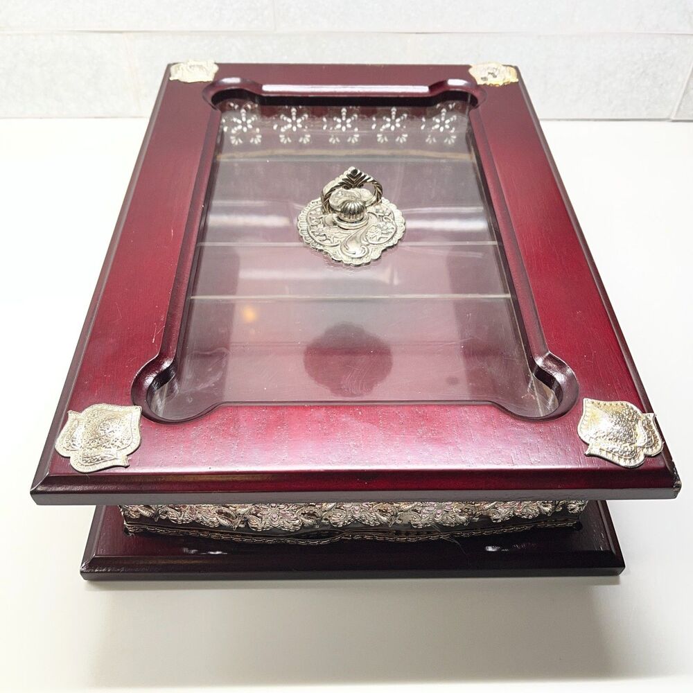 Vintage Arab Cherry Wood Quran Box Glass Top Silver Plated Jeweled Display Case